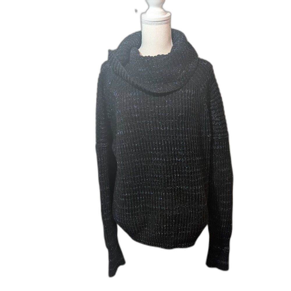 Free People Cable Knit Cowl Neck Oversized Sweater Black Specked Size S